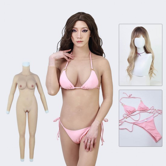 D cup crossdresser body suit with wig+bikini