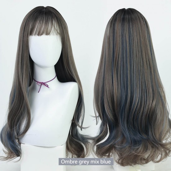 Curly long wig - Ombre grey mix blue